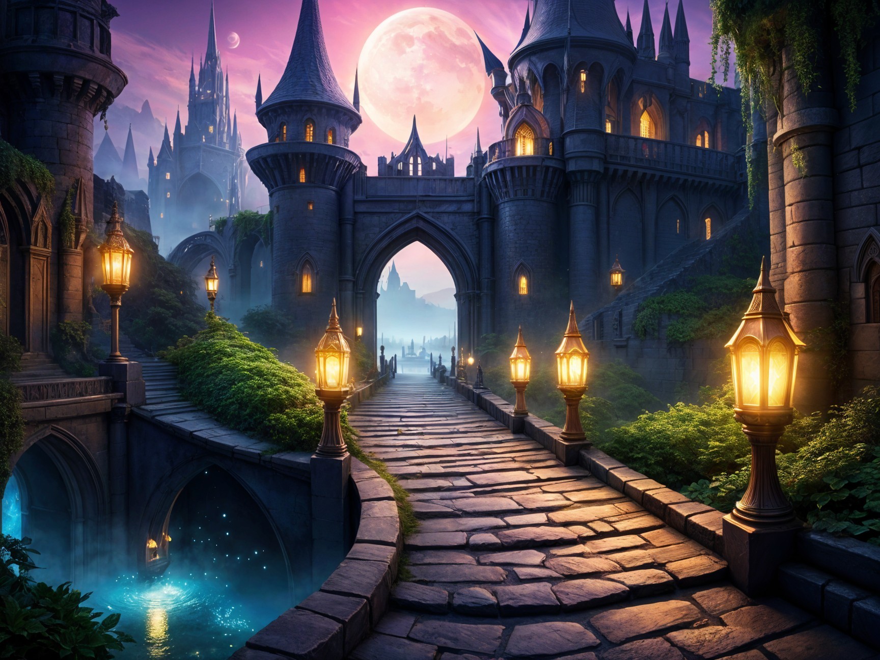 Mystical Castle Under a Glowing Moonlit Sky