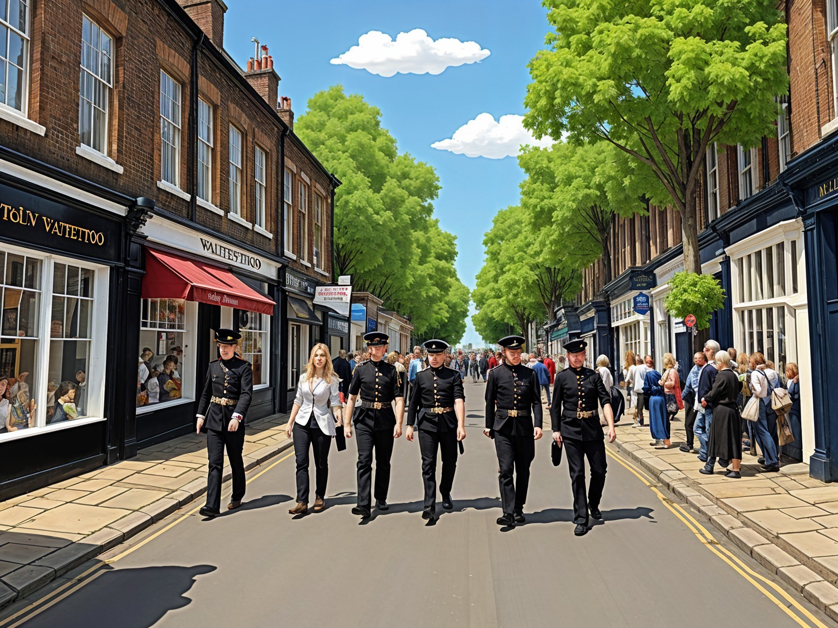 Vibrant street scene with officers and bustling shops