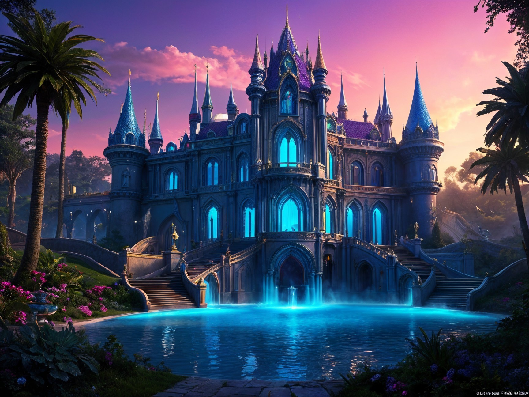 Majestic castle by shimmering lake at twilight