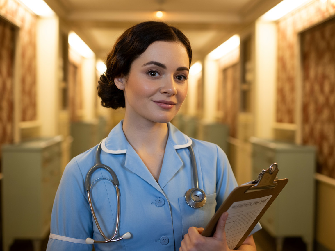 Nurse in Vintage Hospital Corridor with Clipboard