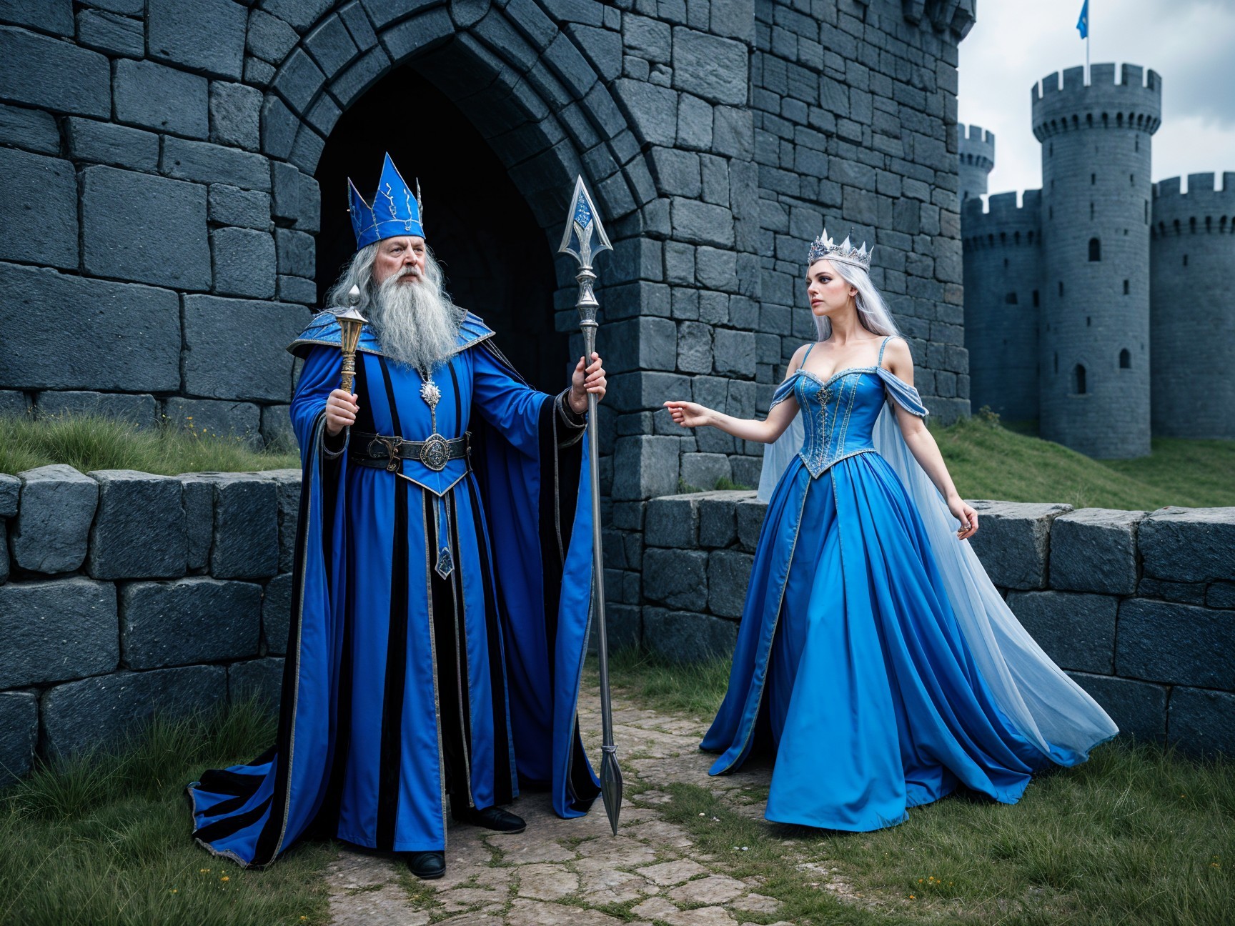 Regal King and Queen at Castle Entrance in Fantasy Setting