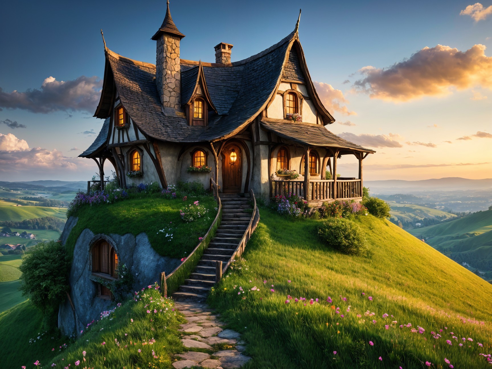 Whimsical Fairy-Tale Cottage on a Lush Green Hill
