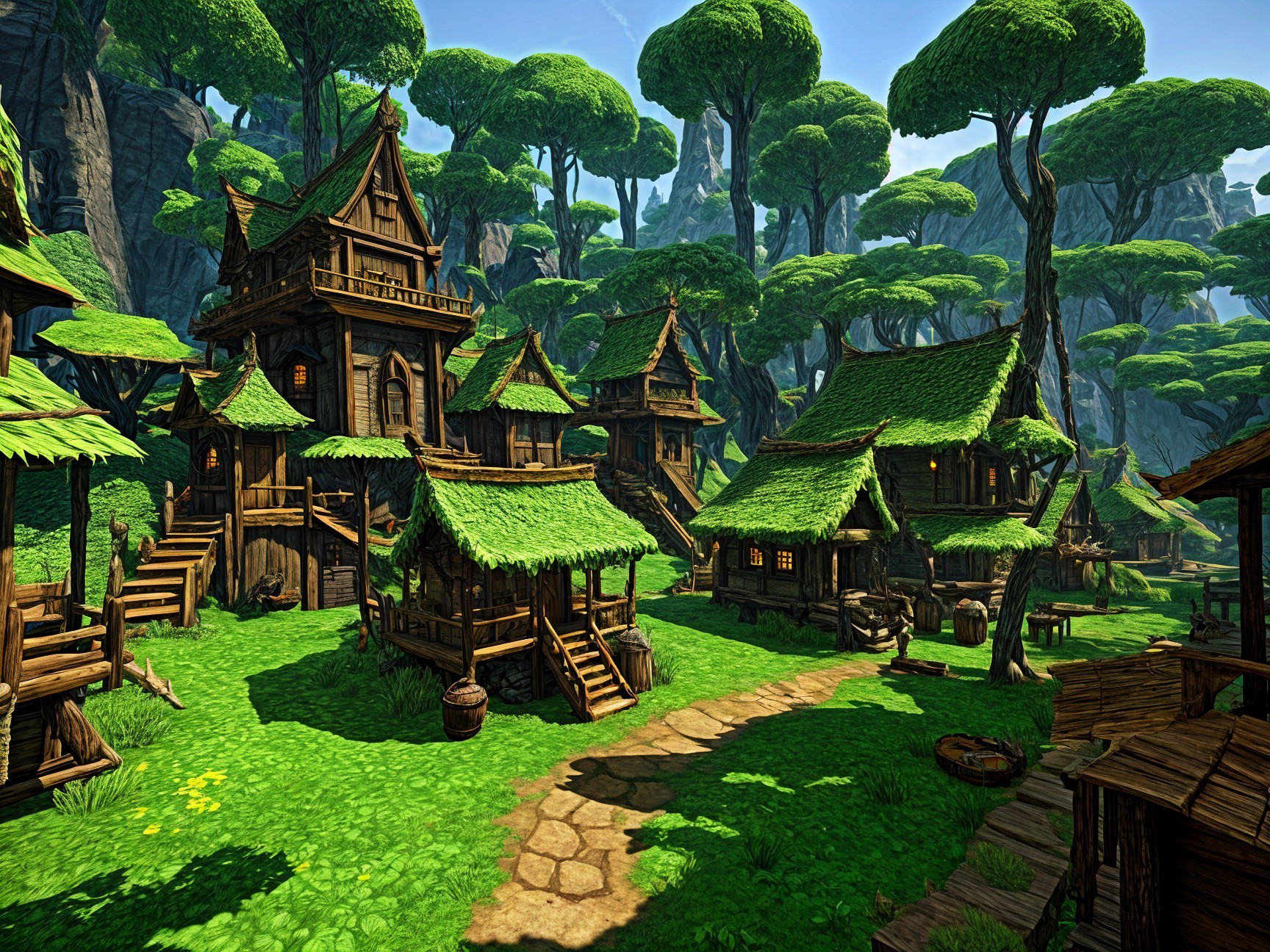 Fantasy Village in Lush Green Landscape with Trees