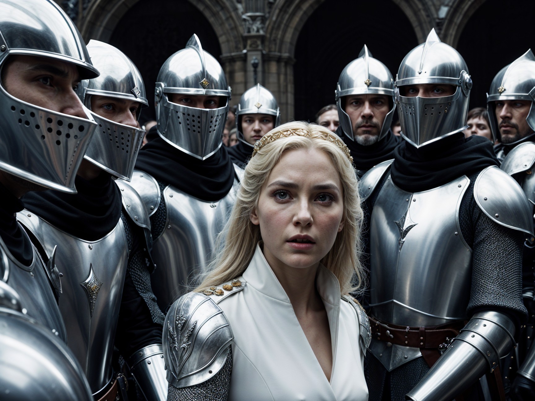 Woman in Regal Outfit Surrounded by Armored Knights