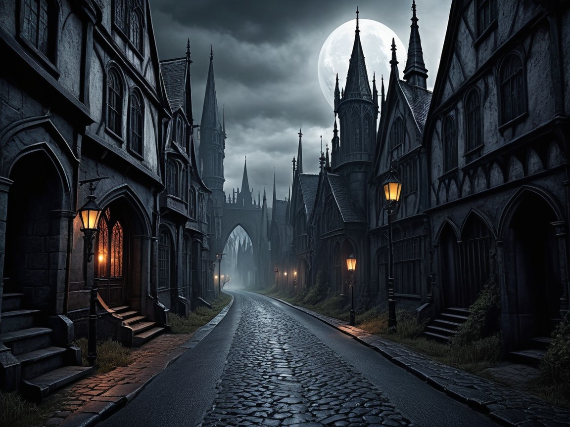 Gothic Village with Cobblestone Street and Lanterns