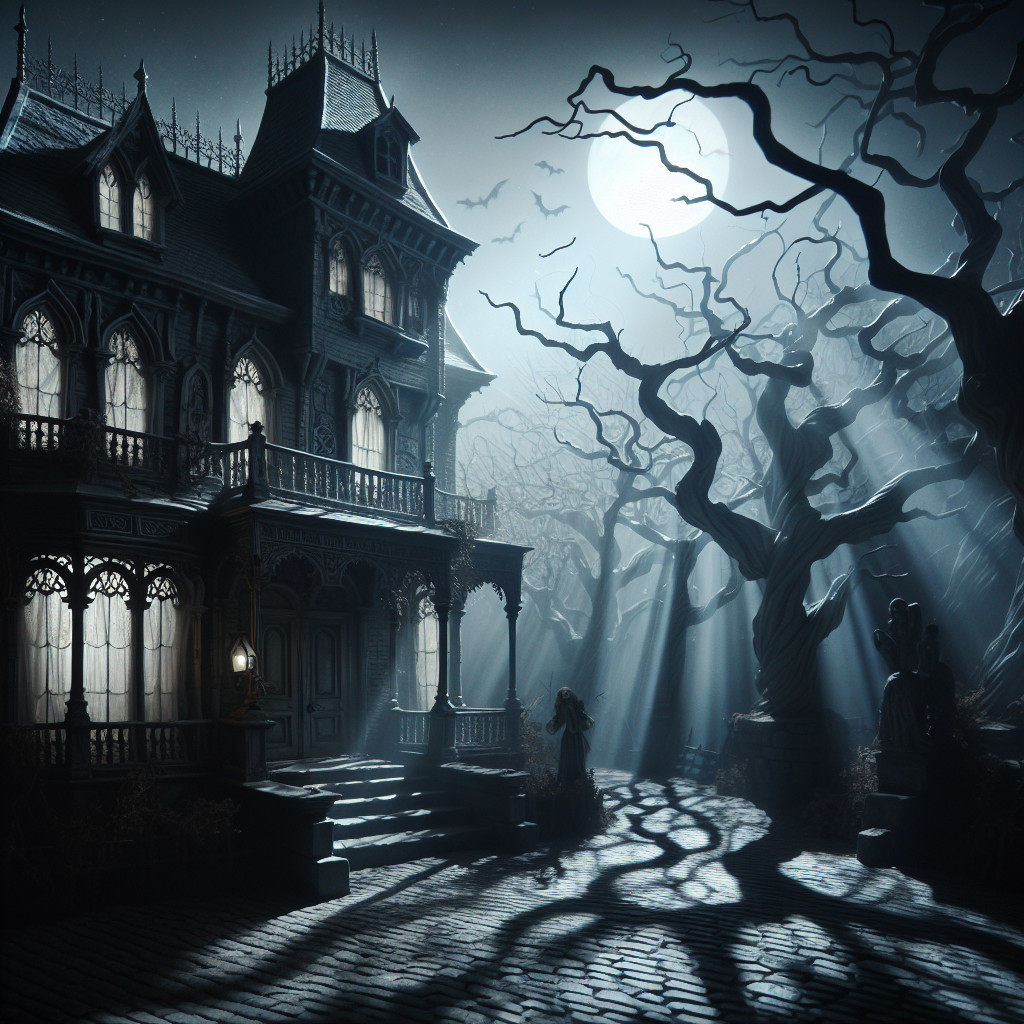 Gothic mansion under full moon with eerie surroundings