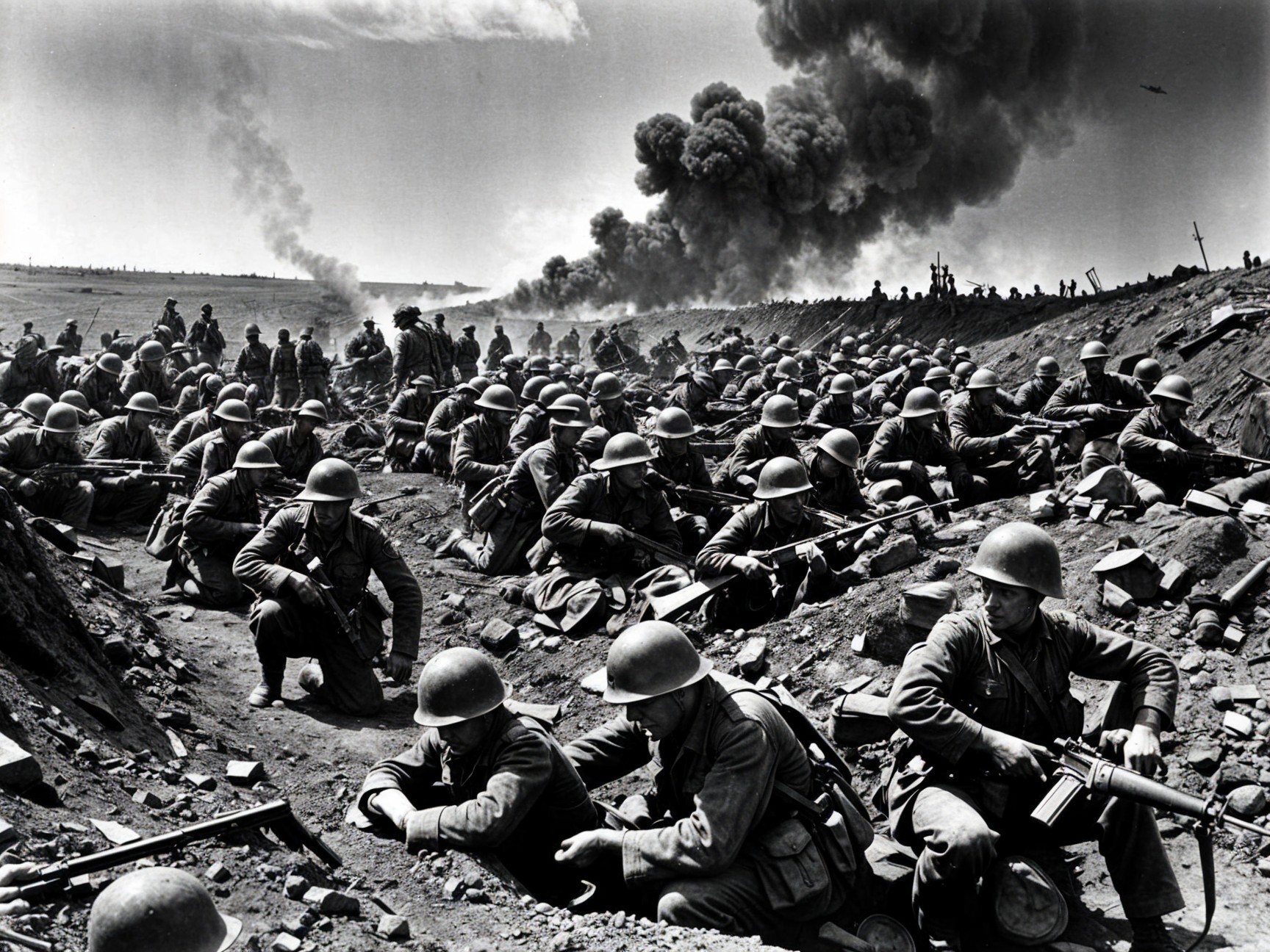 Chaotic Battlefield Scene with Soldiers in Trenches