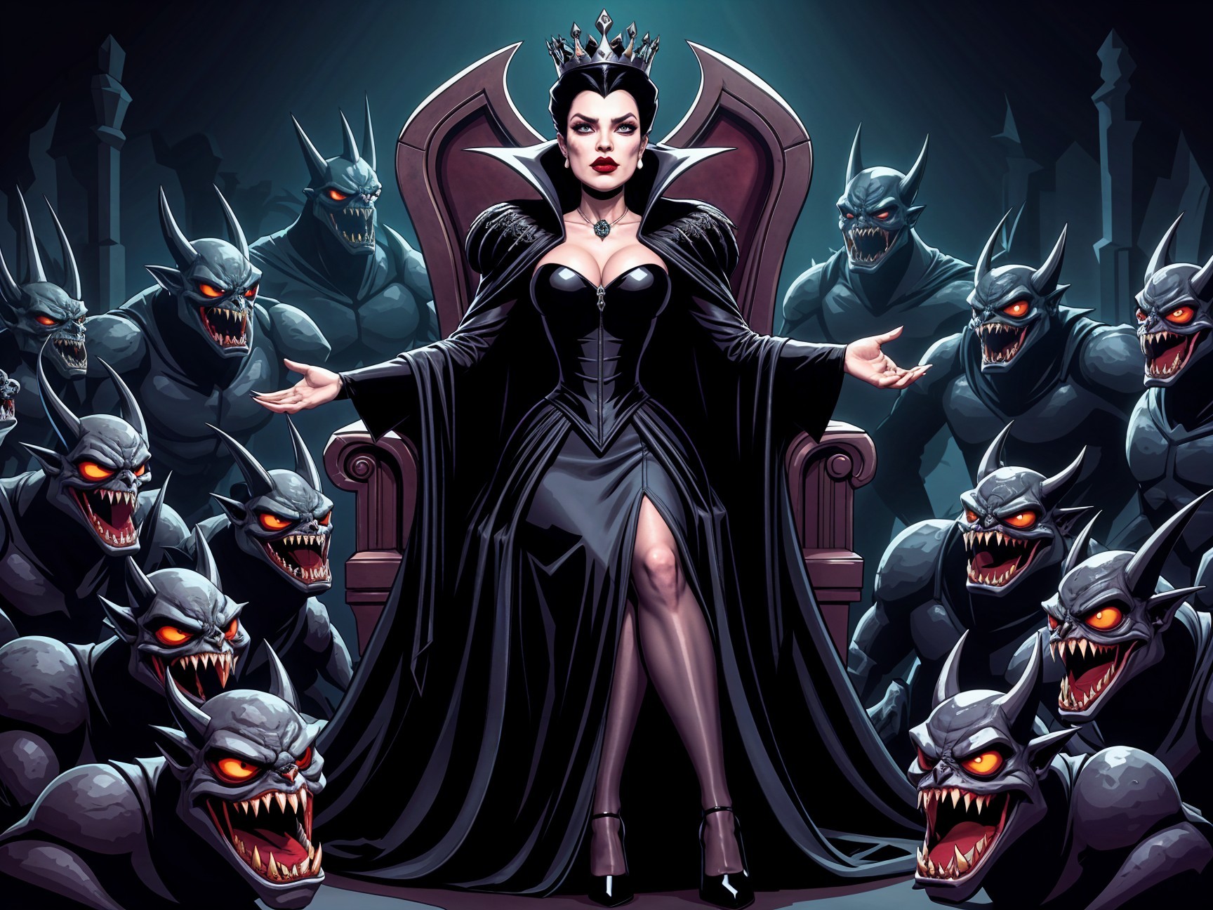 Dark Sorceress on Throne Surrounded by Shadow Creatures