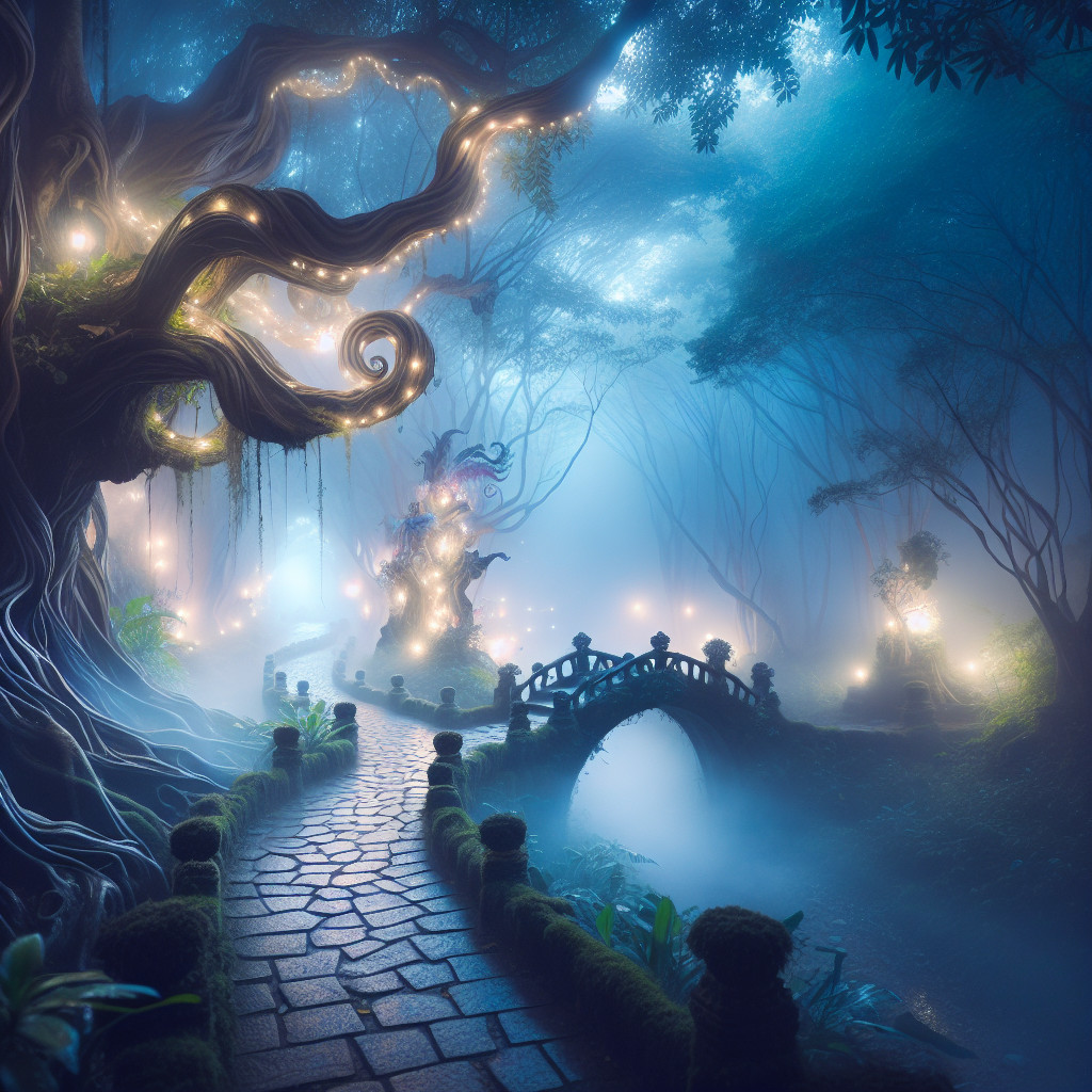 Mystical Forest Path with Ancient Trees and Lights