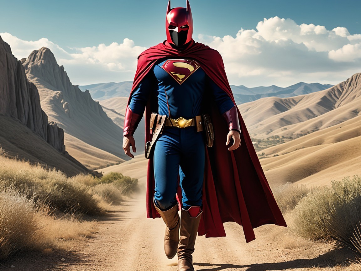 Superhero in Blue Suit with Red Cape on Dirt Road