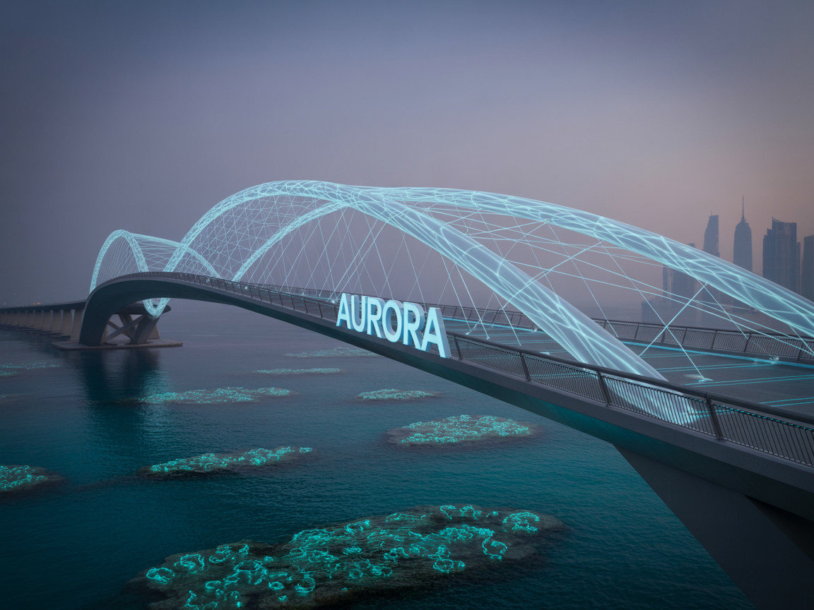 Futuristic AURORA Bridge Over Shimmering Waters