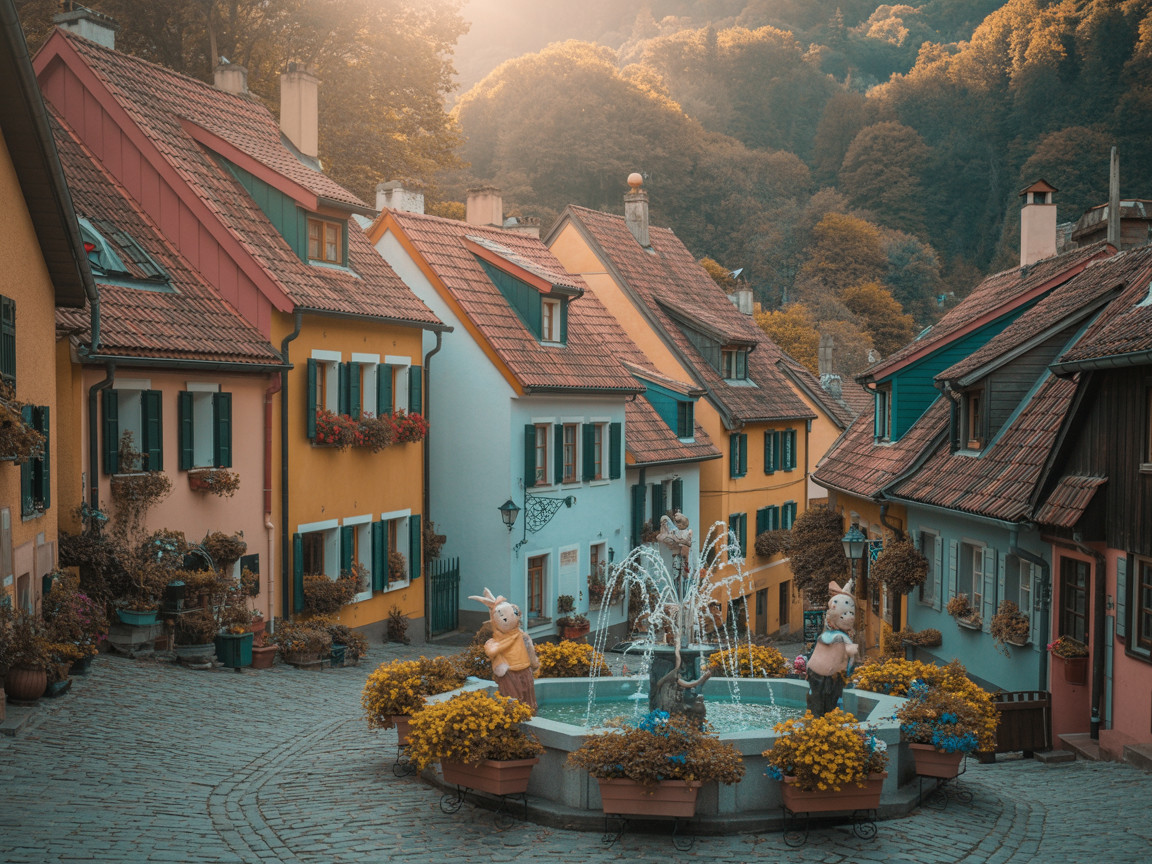 Charming Village Square with Colorful Houses and Fountain