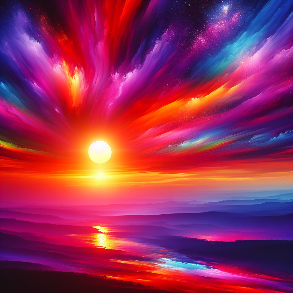 Vibrant Sunset Over Tranquil Waters and Silhouetted Hills