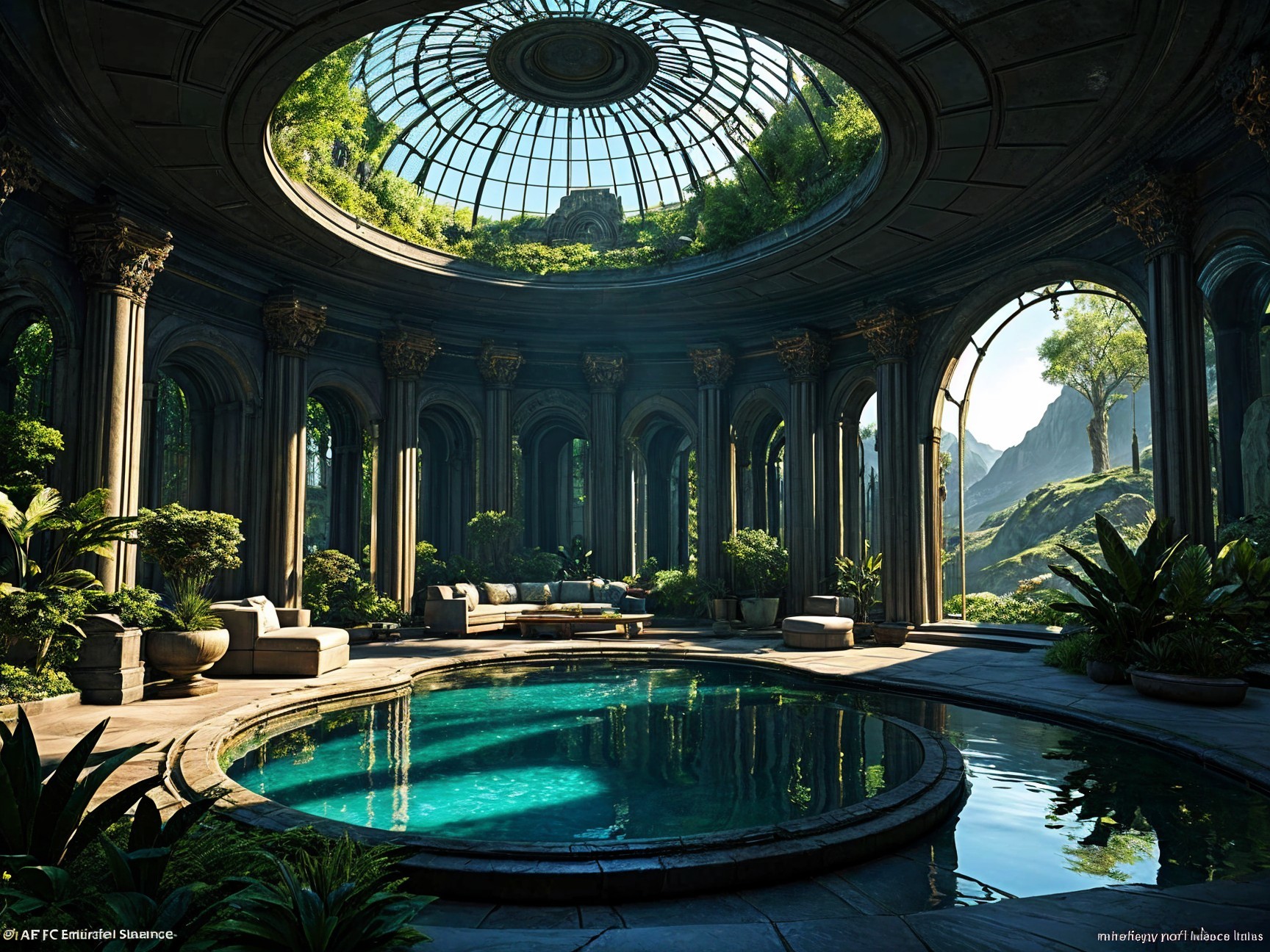 Serene Sunlit Interior with Circular Pool and Greenery