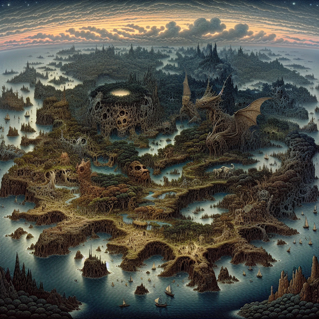 Surreal Landscape with Mythical Creatures and Ruins