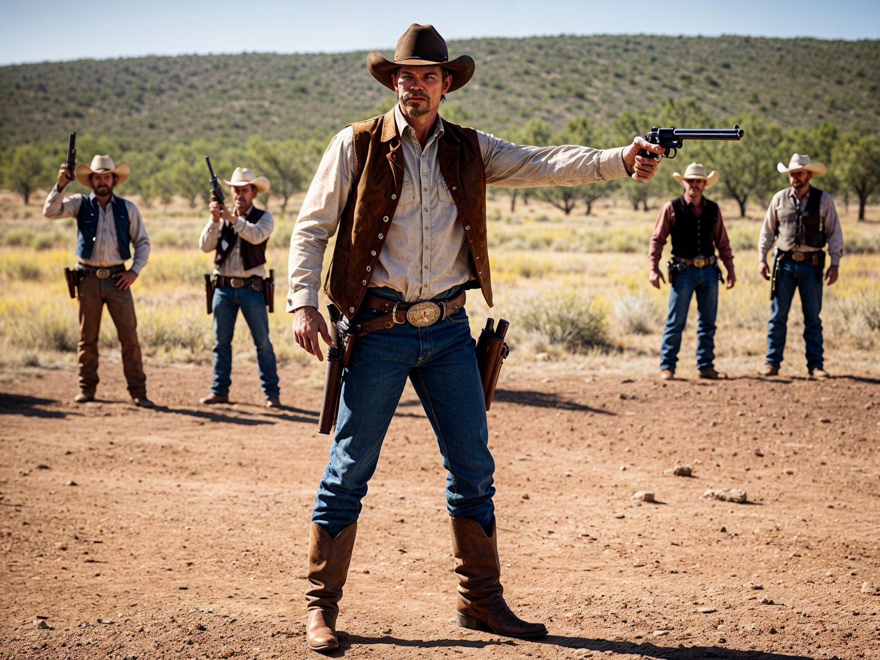 Cowboys in Desert Landscape with Firearms and Shadows