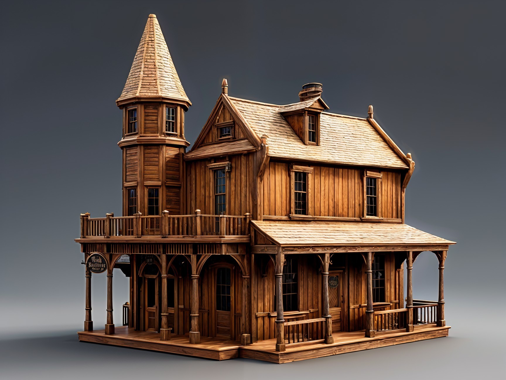 Intricately Designed Wooden House with Turret and Porch