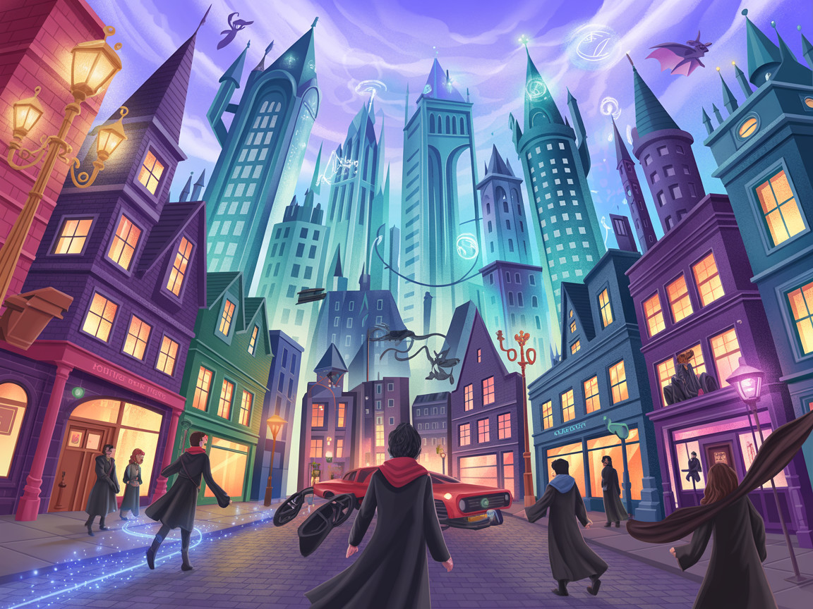 Whimsical City with Magical Towers and Creatures