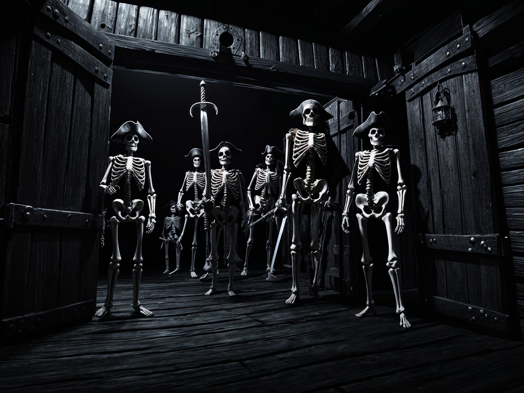 Skeletal Pirates in Dimly Lit Ship Doorway