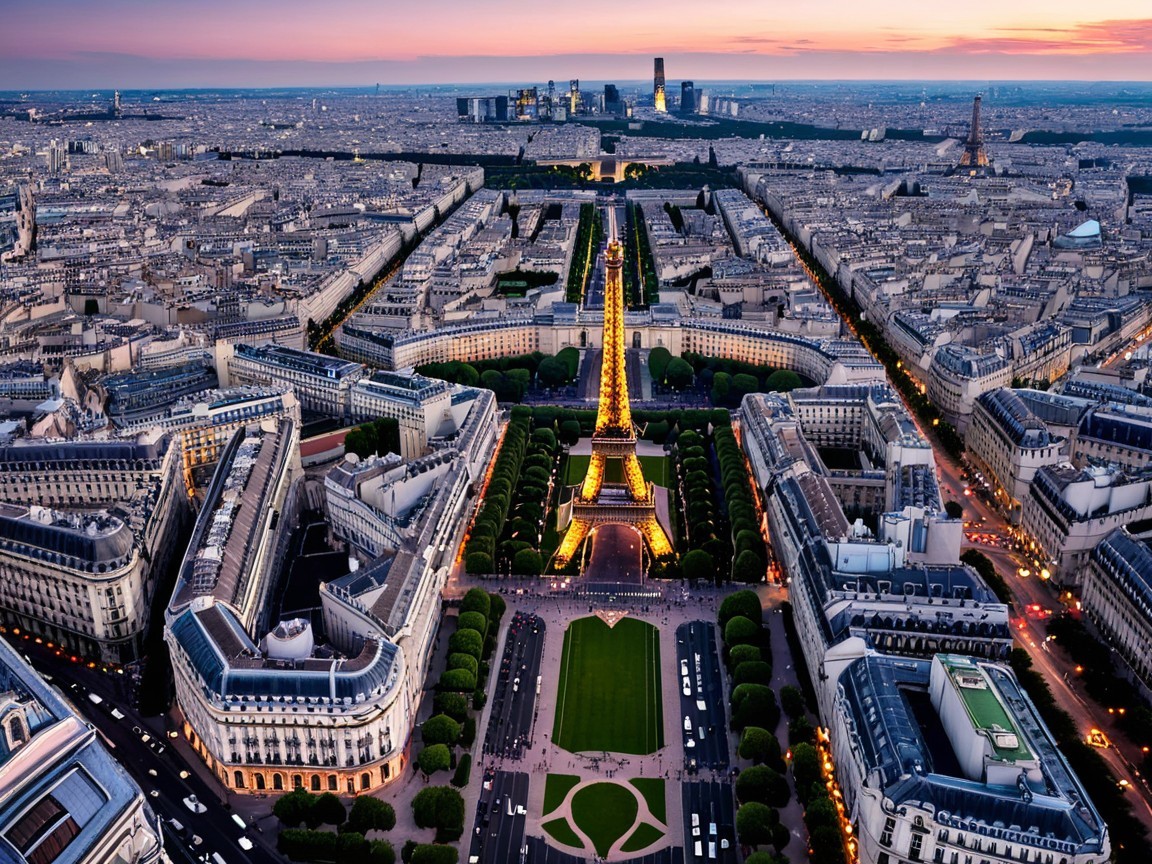 Aerial View of Paris at Dusk with Eiffel Tower