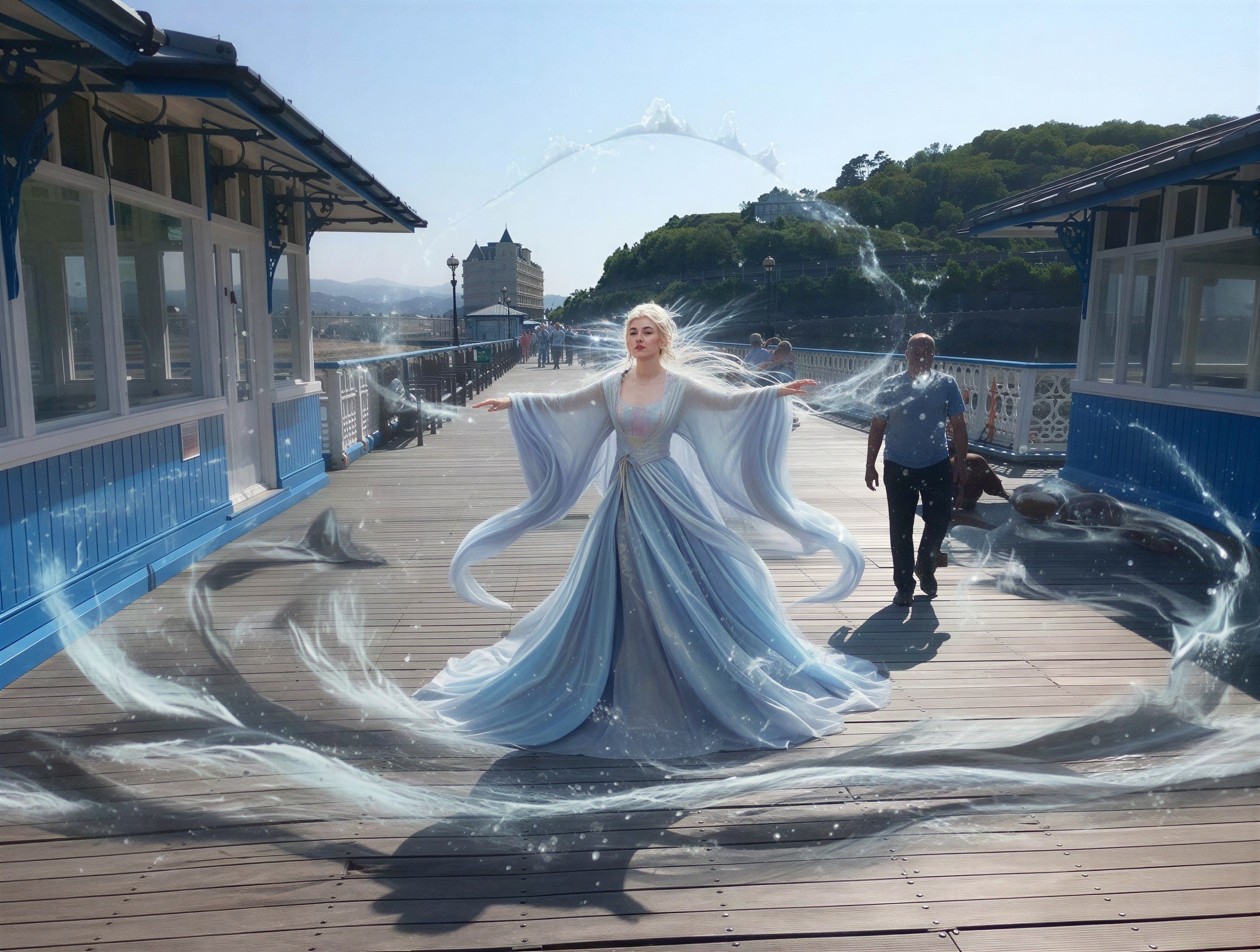 Woman in blue dress on pier with swirling light patterns