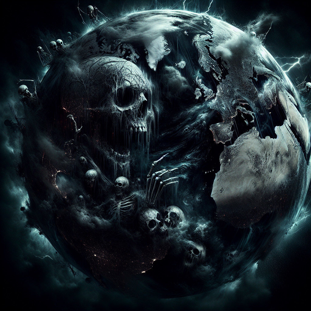 Dark Earth Depiction with Skulls and Lightning Effects