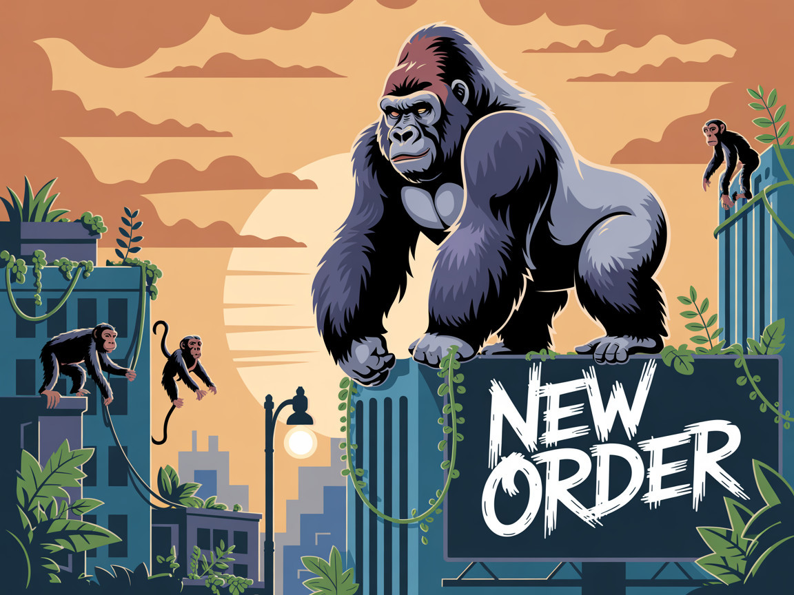 Giant Gorilla Over Cityscape at Sunset with Monkeys