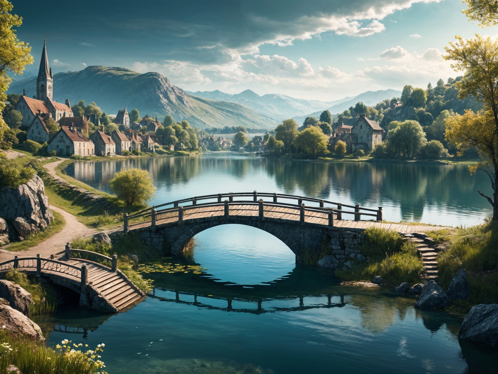 Charming Village Landscape by Serene Lake and Hills