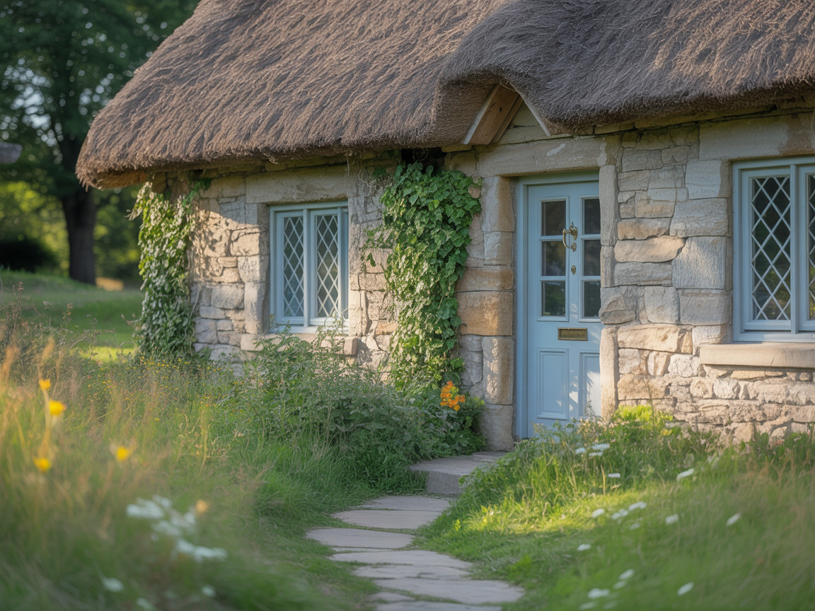 Thatched Stone Cottage Surrounded by Lush Greenery