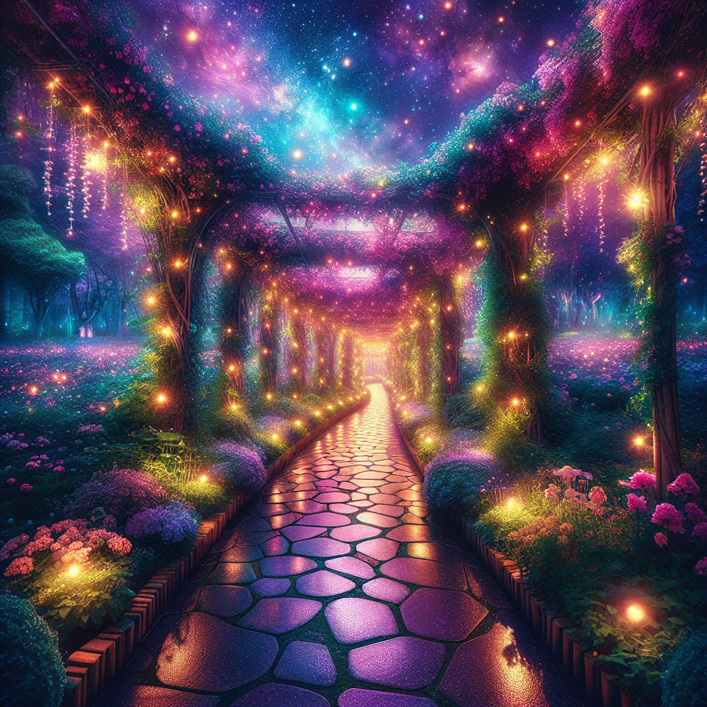 Enchanted Garden Pathway with Fairy Lights and Foliage