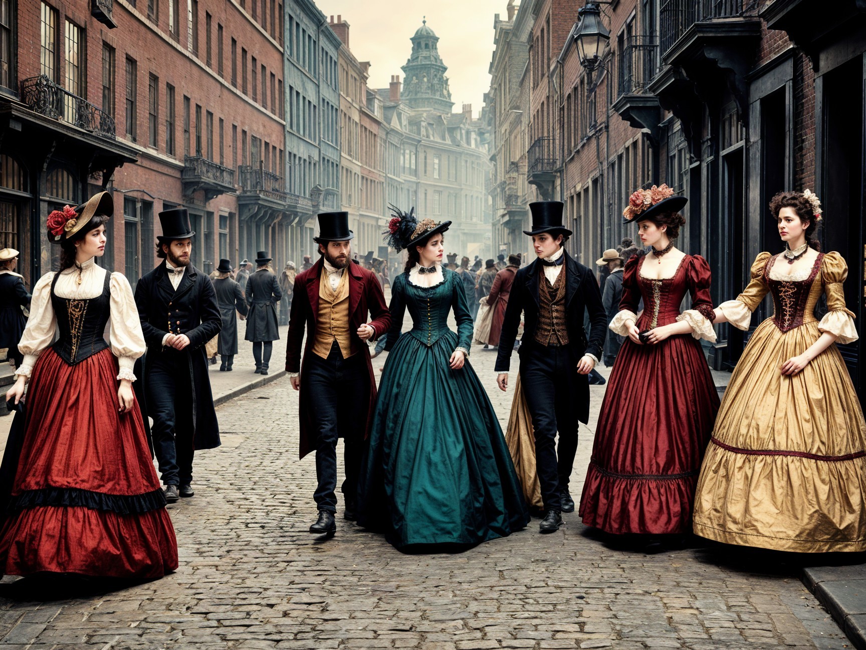 Elegant Stroll of Vintage-Dressed Individuals on Cobblestones