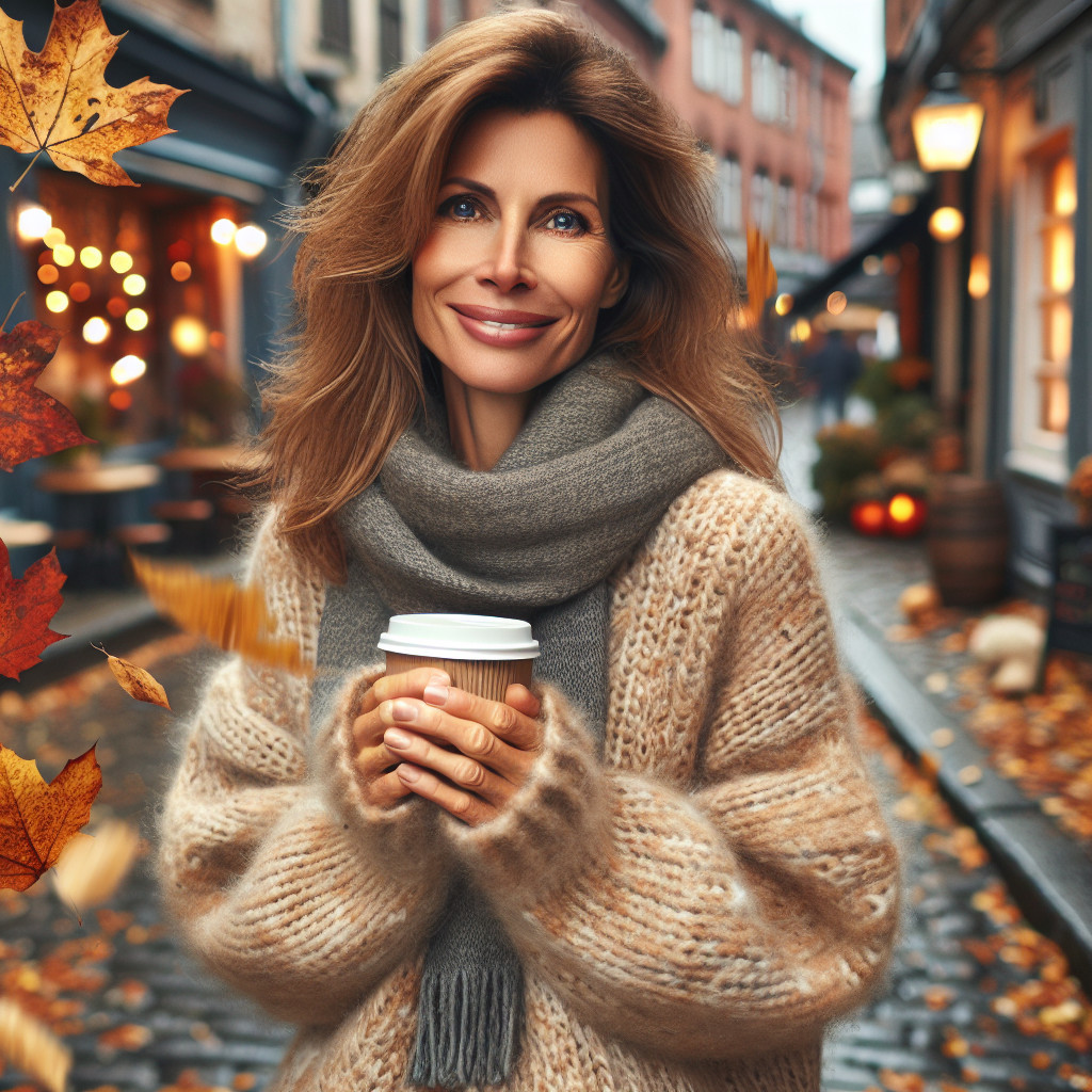 Woman in Sweater with Coffee in Autumn Setting