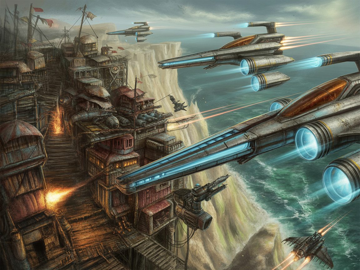 Spacecraft Above Cliffside Settlement with Combat Elements