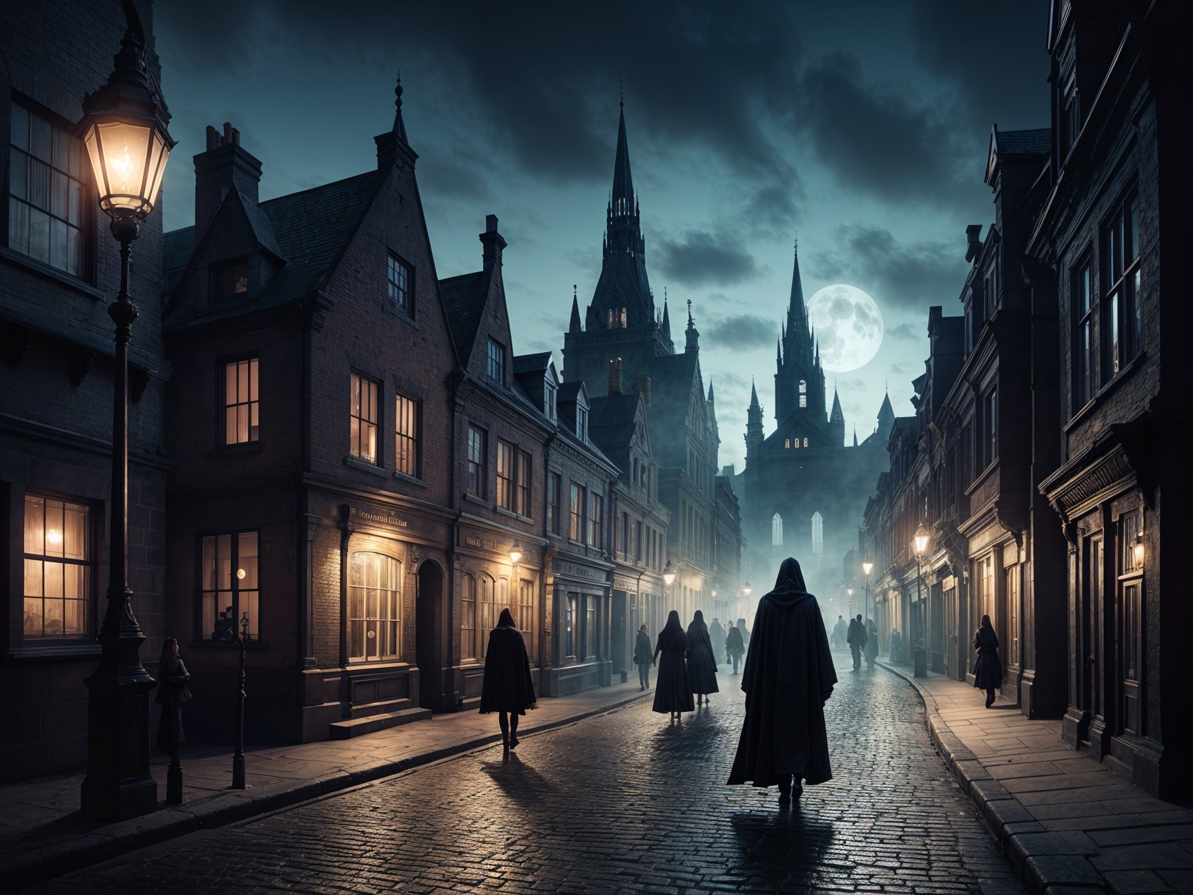 Gothic Cityscape with Moonlit Street and Cloaked Figures