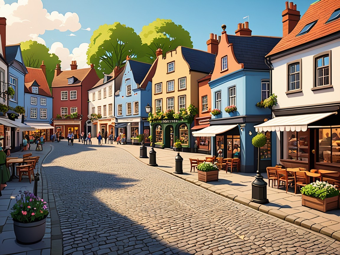 Charming Pastel Village Street with Cobblestone Pathways