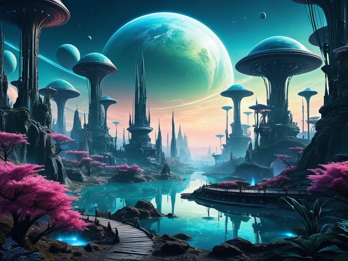Vibrant Alien Landscape with Surreal Features and Flora