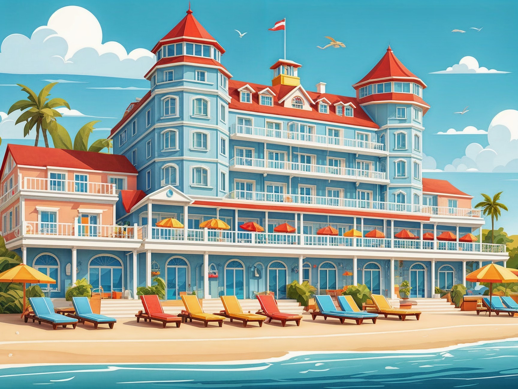 Vibrant seaside hotel with pastel blue facade and beach