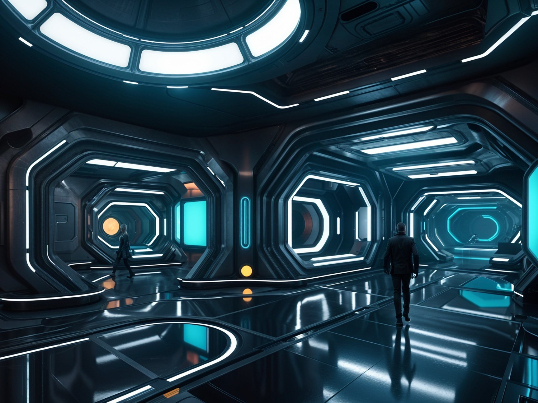 Futuristic Corridor with Metallic Walls and Ambient Lighting