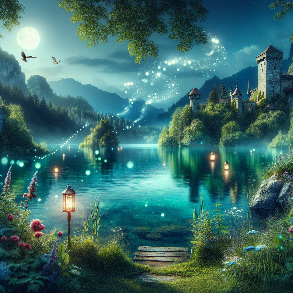 Twilight Landscape with Lake, Castle, and Fireflies
