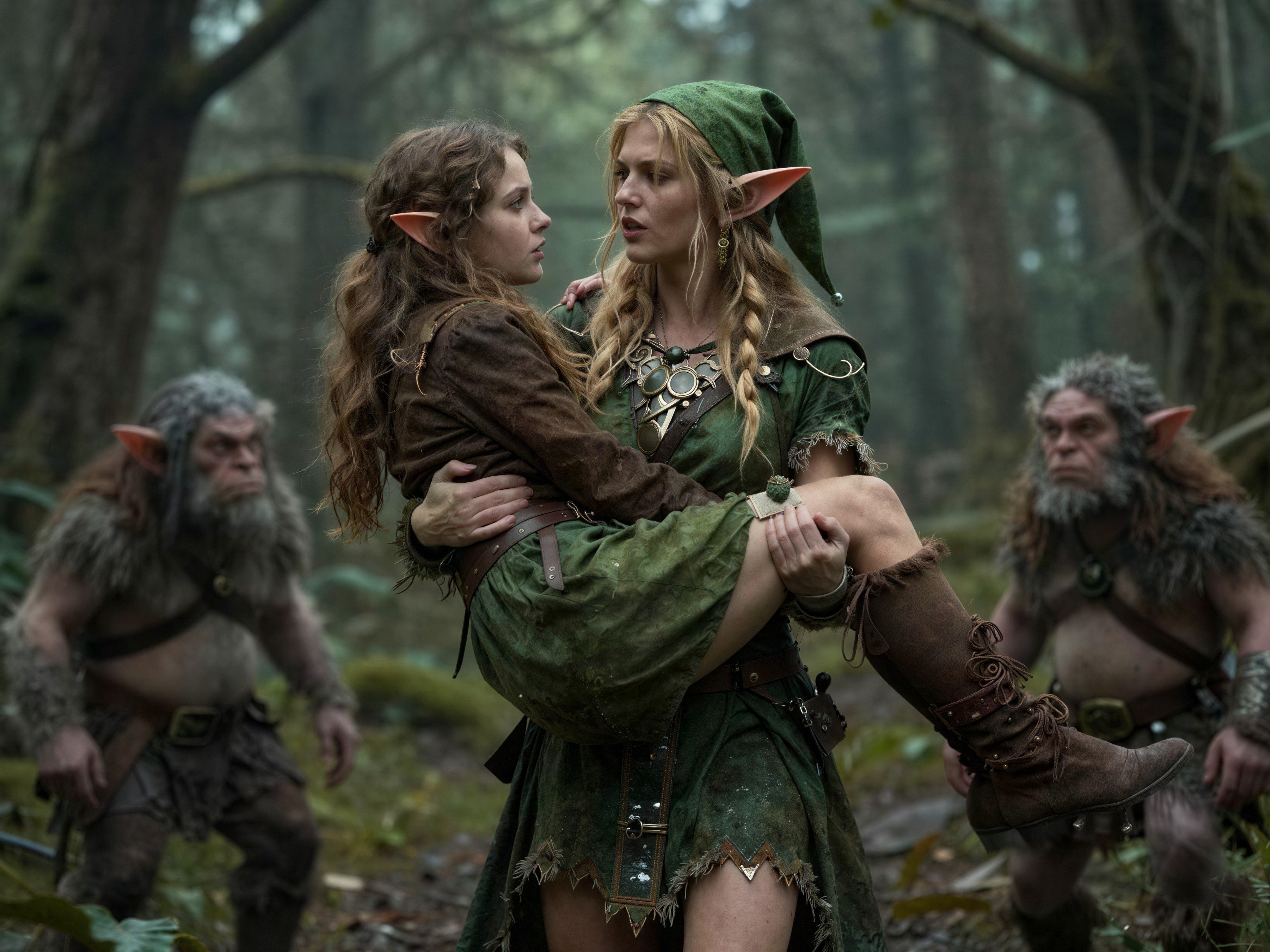 Elven women in tunics in a misty forest setting