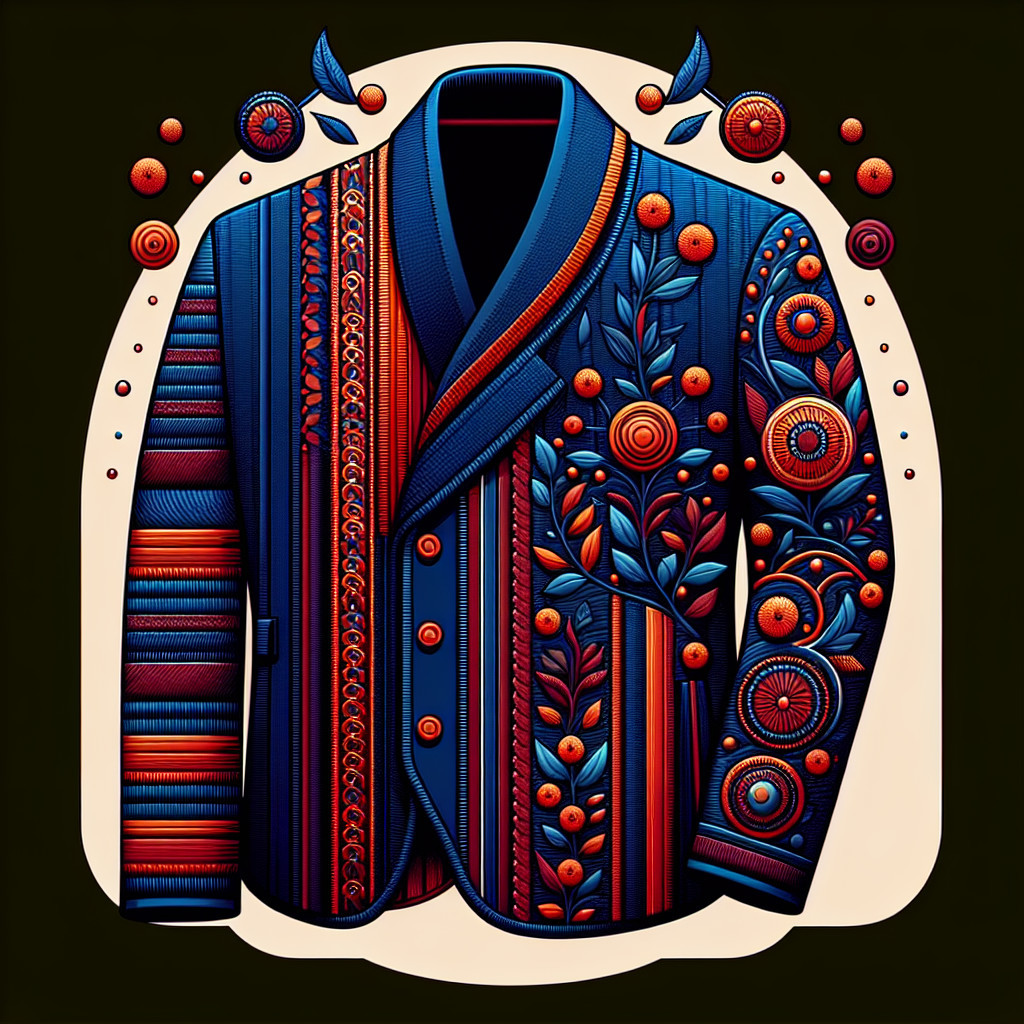 Stylized jacket with intricate patterns and vibrant colors
