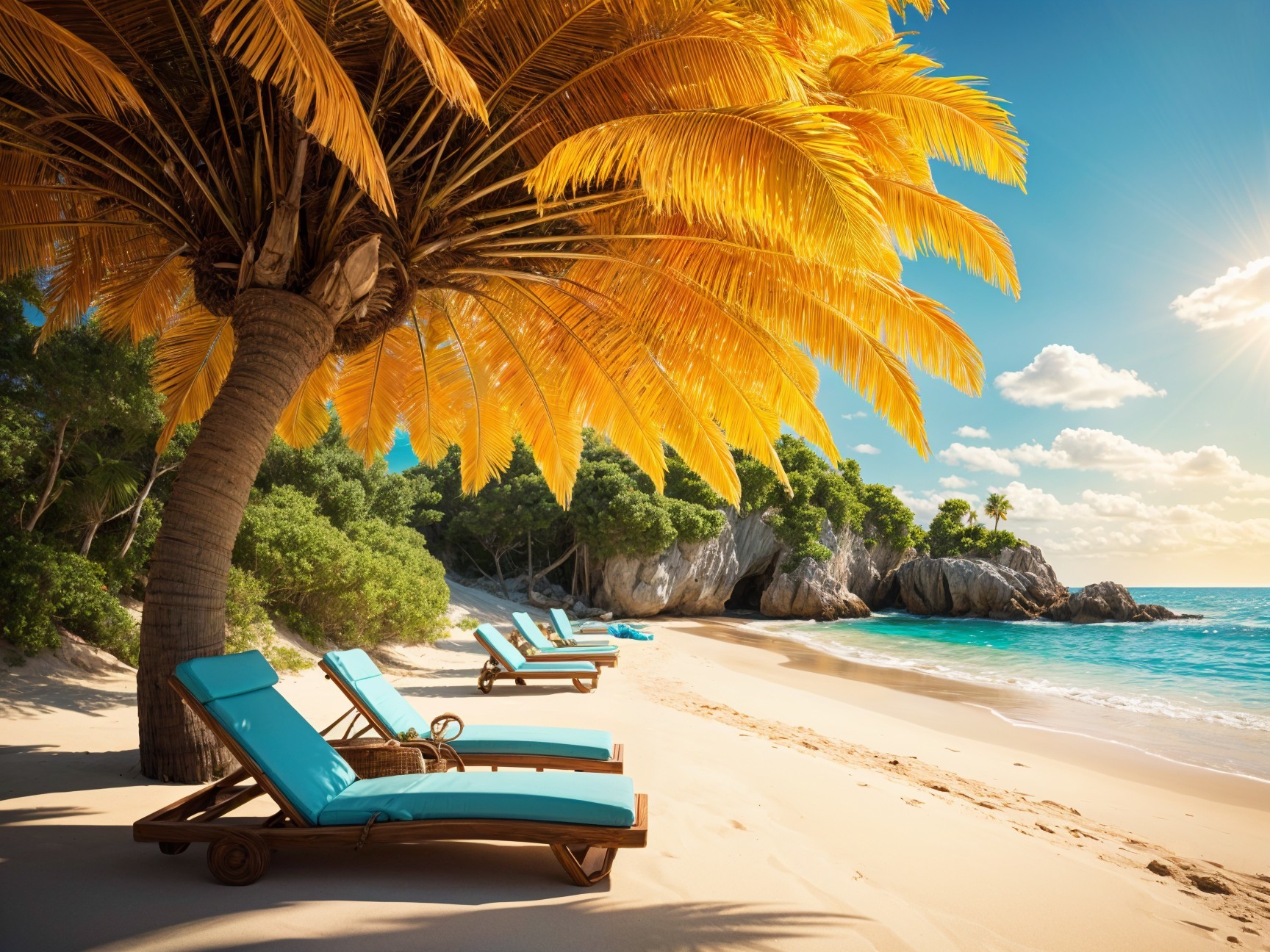 Tranquil Beach Scene with Palm Trees and Lounge Chairs