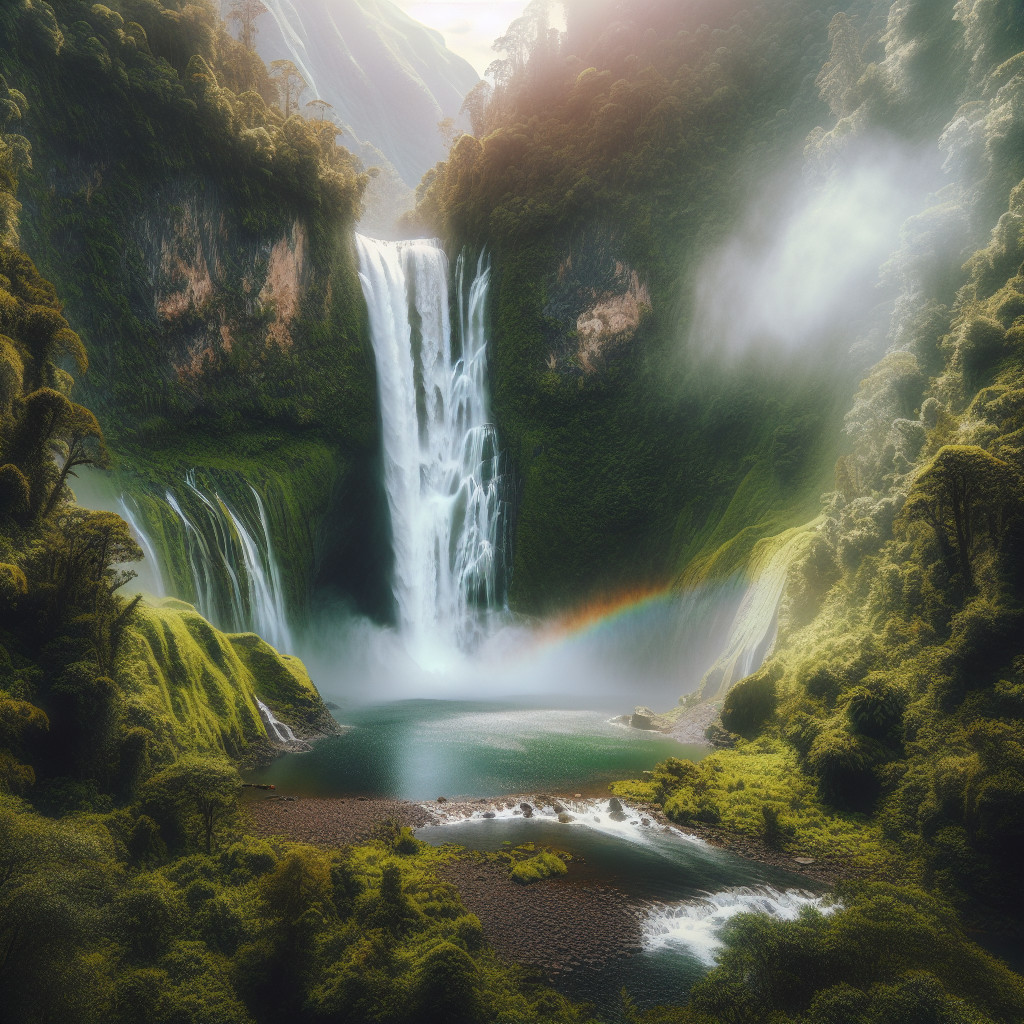Majestic waterfall with turquoise pool and mountains