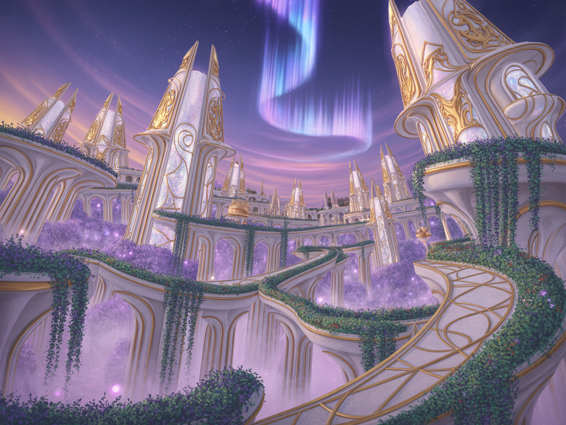 Fantastical Cityscape with Purple Hues and Golden Accents