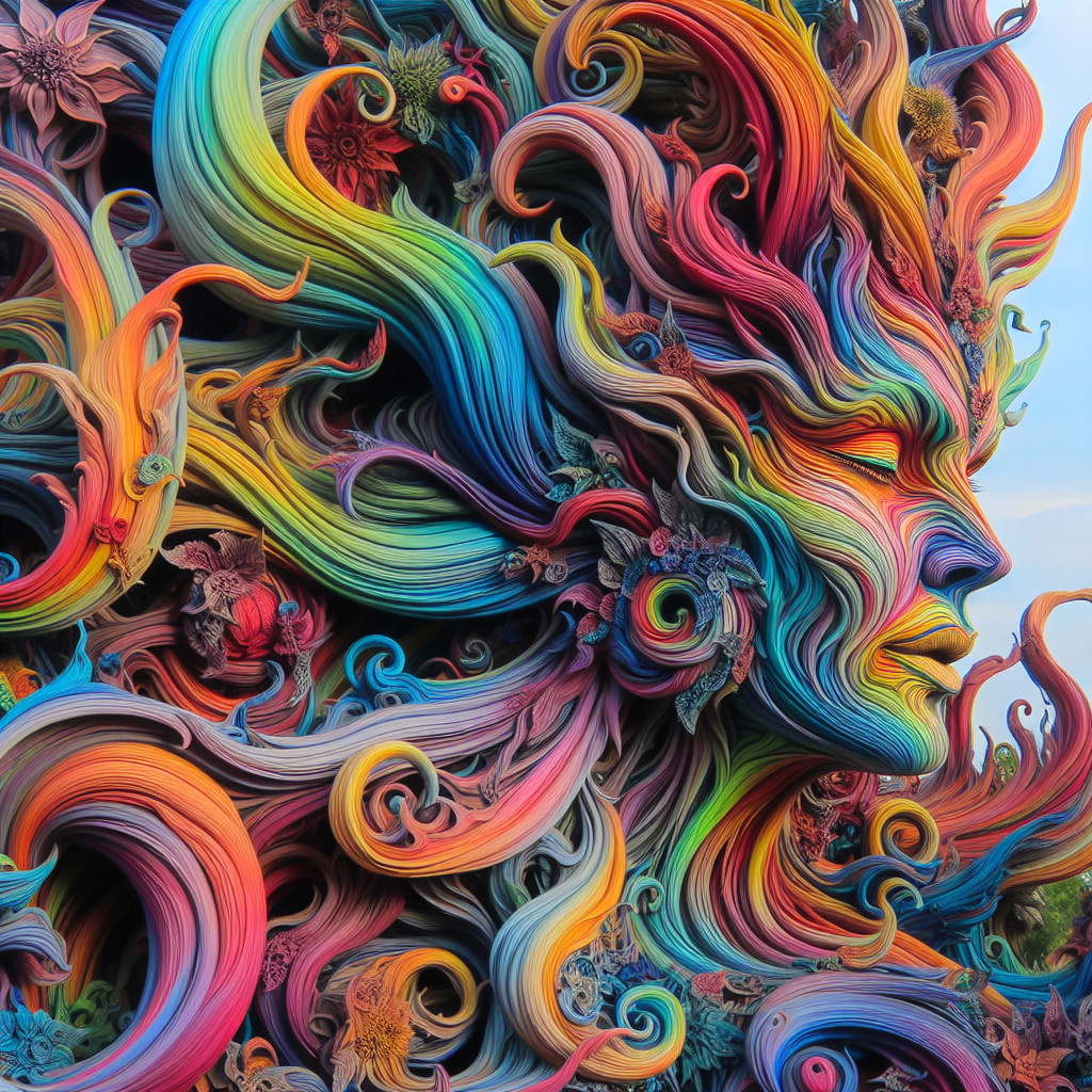 Vibrant Abstract Face with Colorful Strands and Flowers