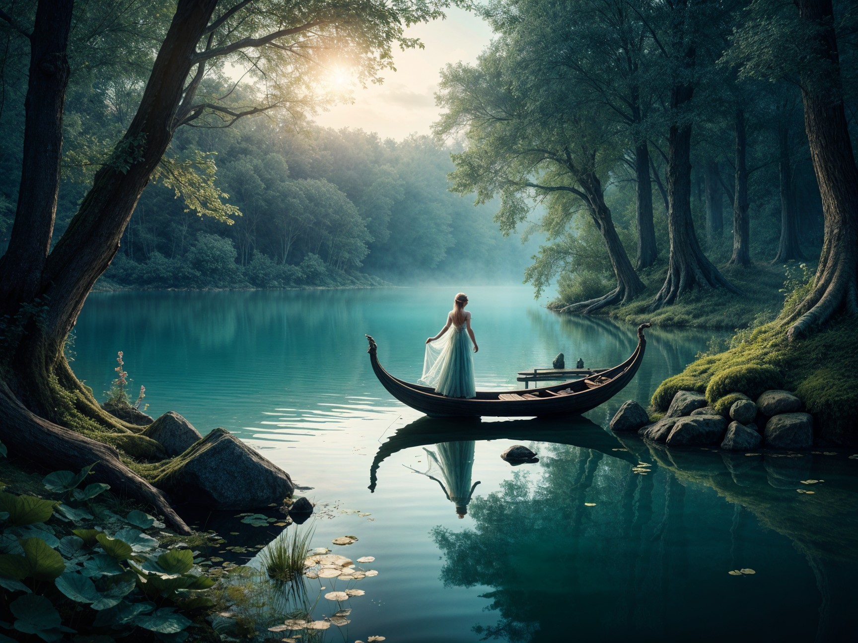 Serene Lake Scene with Woman in Ethereal Gown