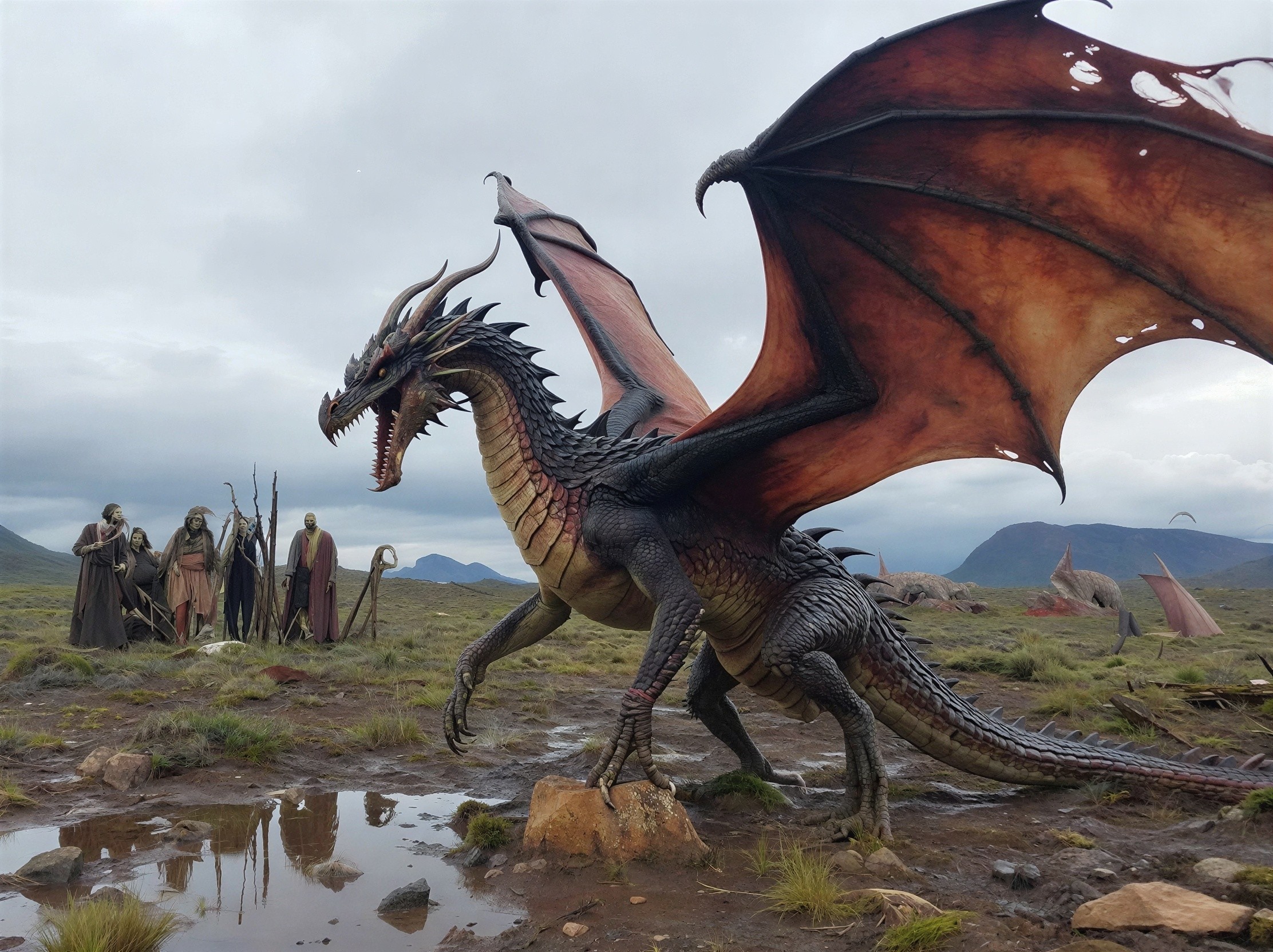 Dark Gray Dragon on Rock in Muddy Field with Men