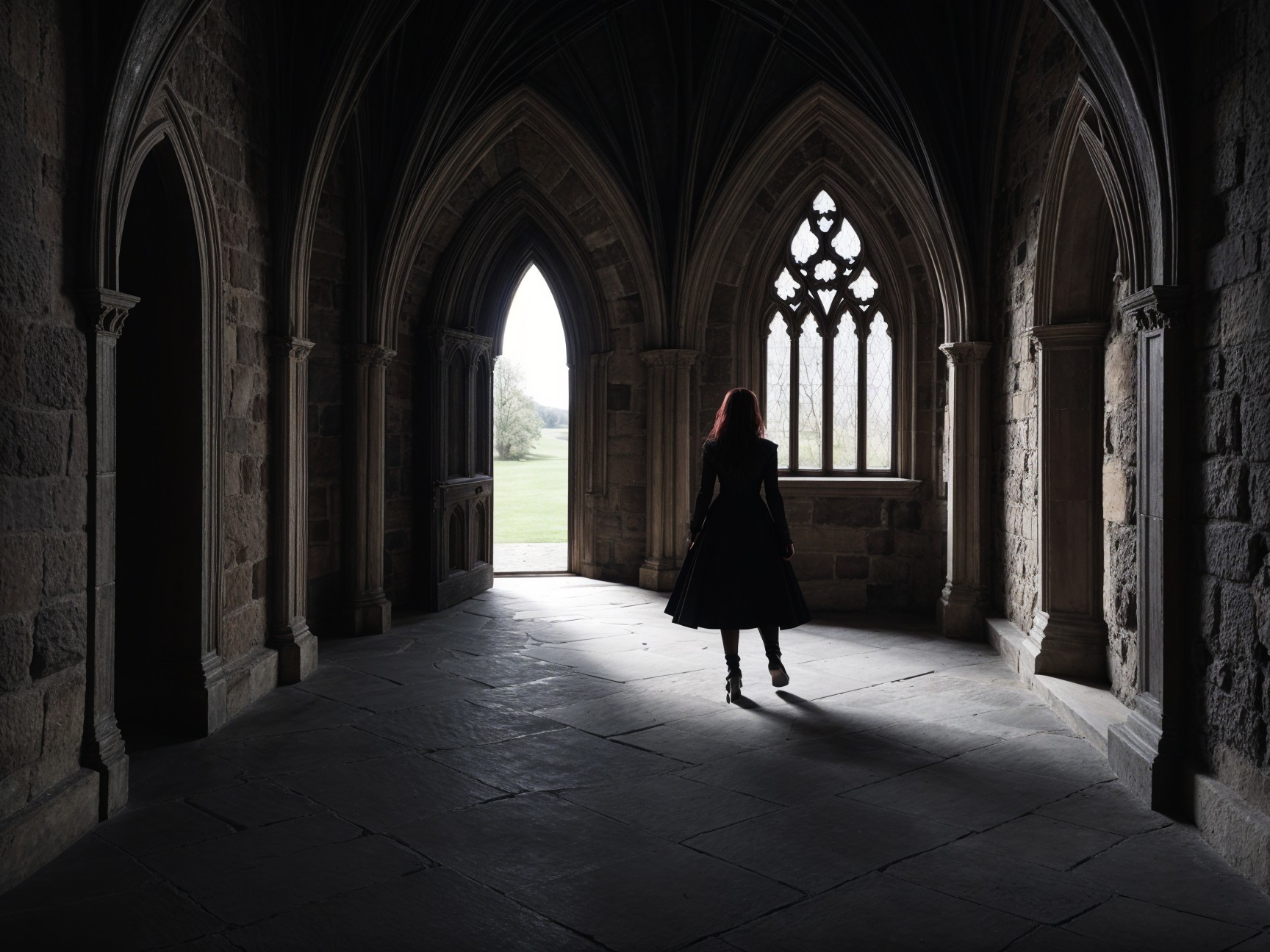 Silhouetted Figure in Gothic Stone Corridor with Arches