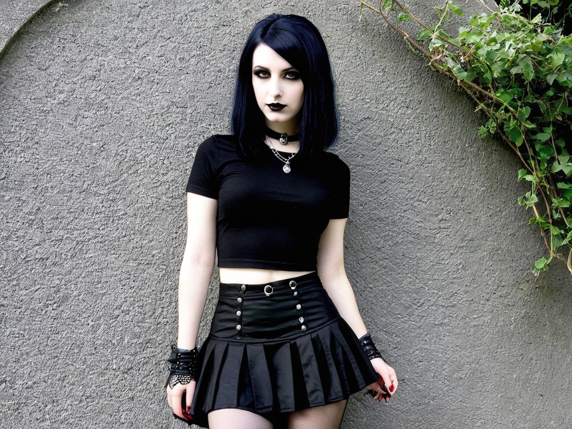 Young Woman in Gothic Style Against Gray Wall