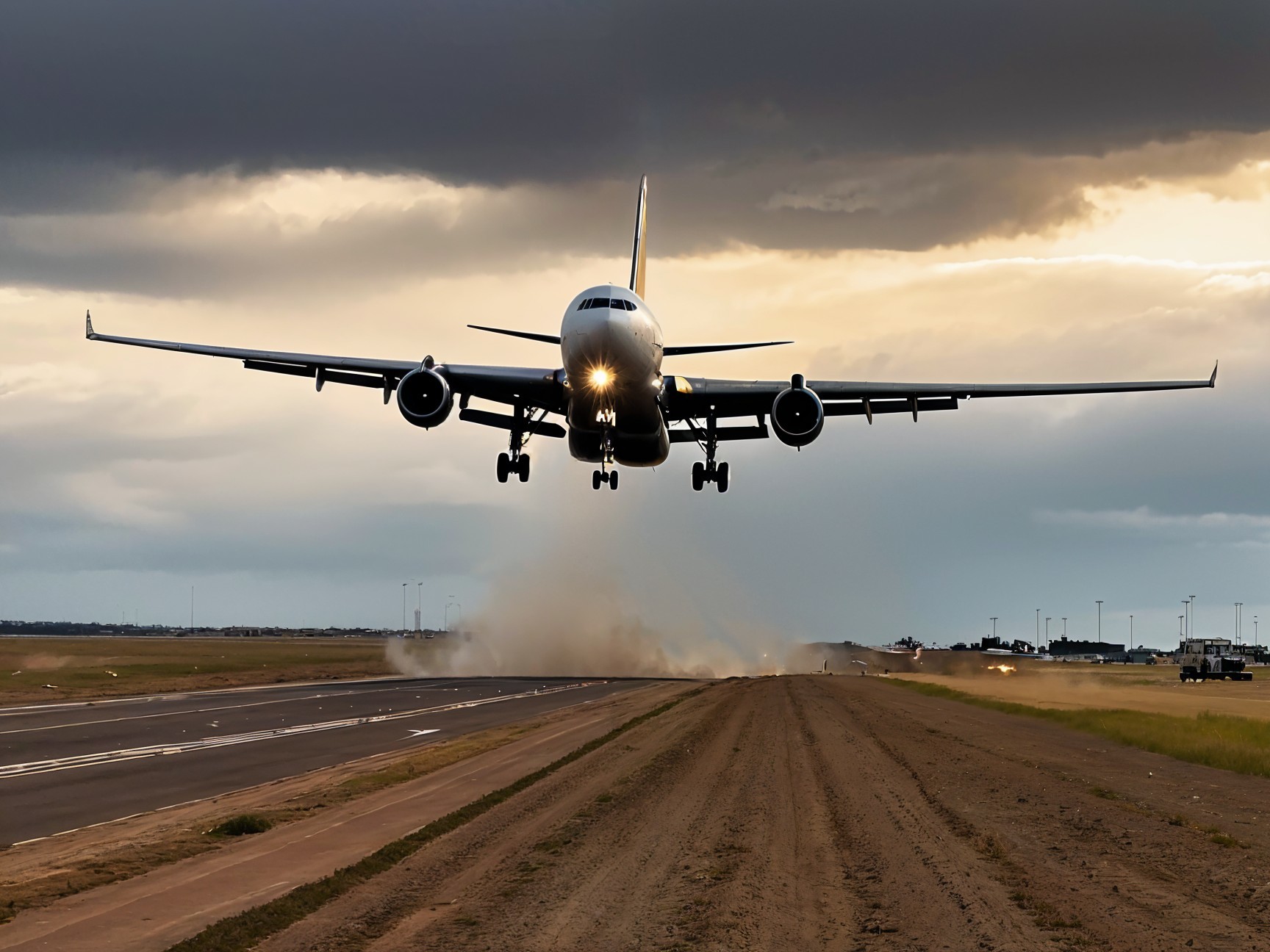 Passenger airplane landing at sunset with storm clouds